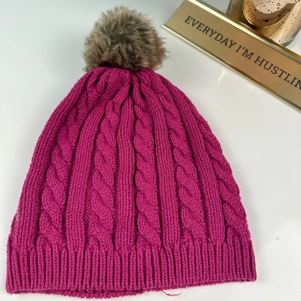 Hanna cotton knit pom pom hat, wine pink color, size 2-6Y, good condition